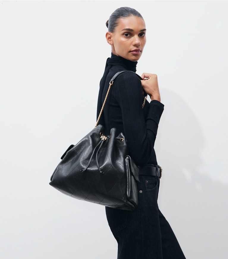 Large Charlie Quilted Drawstring Shoulder Bag in black | Tory Burch