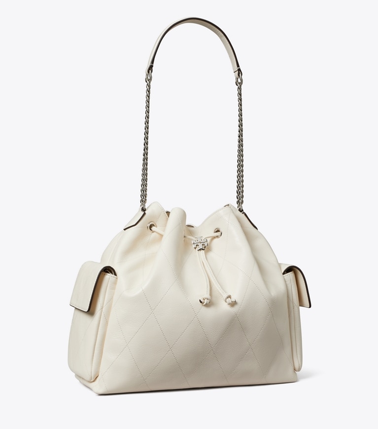 Tory Burch designer shoulder bags Large Charlie Quilted Drawstring Shoulder Bag in Light Cream angle