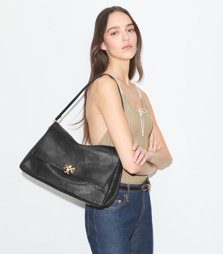 Tory Burch designer shoulder bags Large Charlie Quilted Shoulder Bag in Black accessory on model