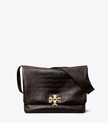 Tory Burch designer shoulder bags Large Charlie Runway Croc-Embossed Shoulder Bag in Dark Brown front