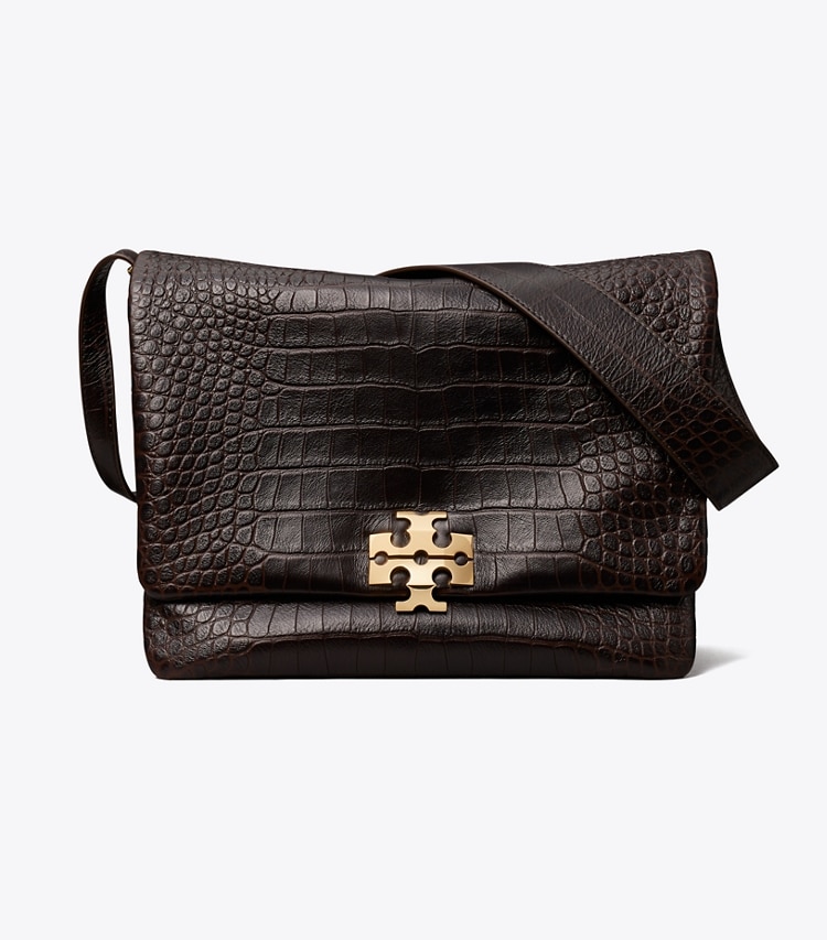 Tory Burch designer shoulder bags Large Charlie Runway Croc-Embossed Shoulder Bag in Dark Brown front