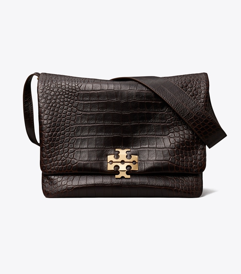 Tory Burch designer shoulder bags Large Charlie Runway Croc-Embossed Shoulder Bag in Dark Brown front
