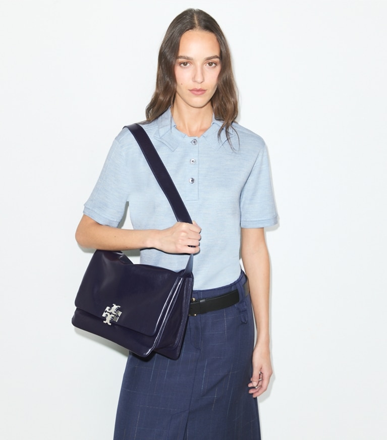 Tory Burch designer shoulder bags Large Charlie Runway Shoulder Bag in Perfect Navy accessory on model