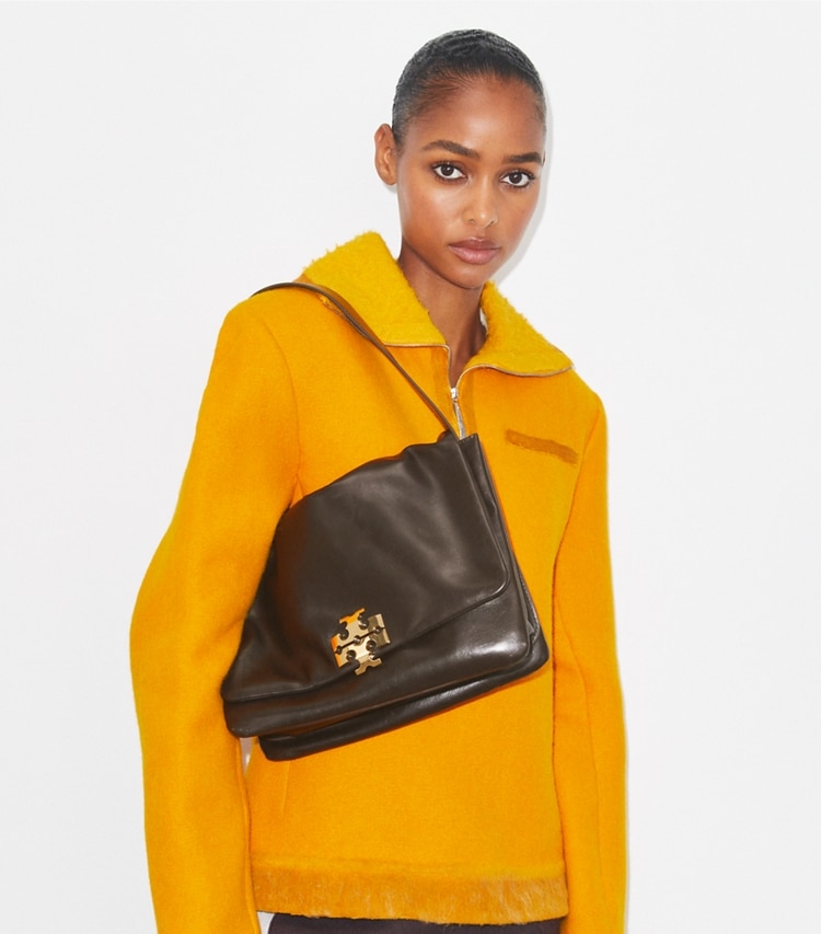 Tory Burch designer shoulder bags Large Charlie Runway Shoulder Bag in Warm Mahogany additional on model