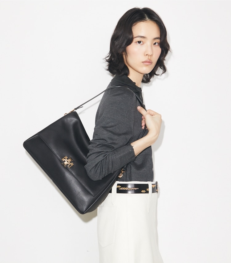 Tory Burch designer shoulder bags Large Charlie Shoulder Bag in Black accessory on model