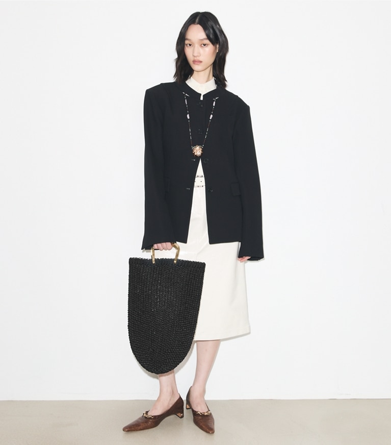 Tory Burch designer tote bags Large Crocheted Tote in BLACK accessory on model