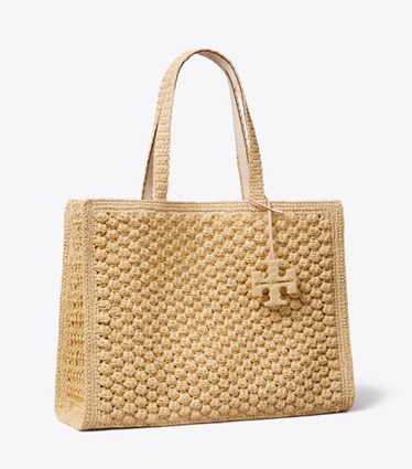 Tory Burch designer tote bags Large Ella Hand-Crocheted Popcorn Tote in Natural angle