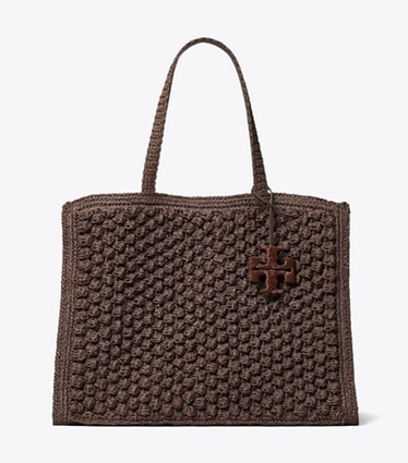 Tory Burch designer tote bags Large Ella Hand-Crocheted Popcorn Tote in Dark Cocoa front
