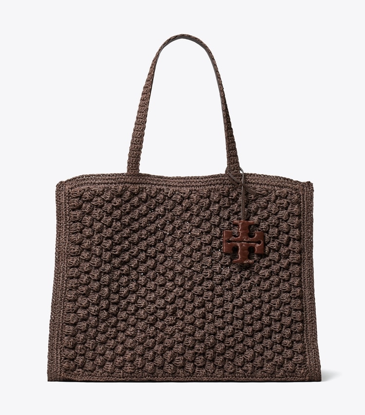 Tory Burch designer tote bags Large Ella Hand-Crocheted Popcorn Tote in Dark Cocoa front