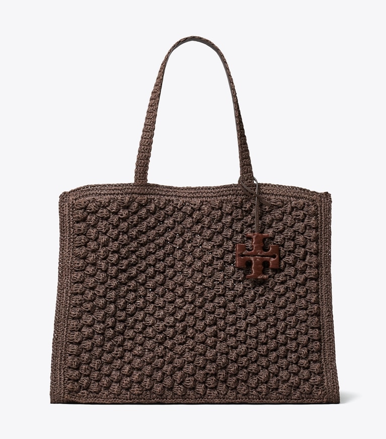 Tory Burch designer tote bags Large Ella Hand-Crocheted Popcorn Tote in Dark Cocoa front