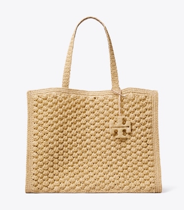 Tory Burch designer tote bags Large Ella Hand-Crocheted Popcorn Tote in Natural front