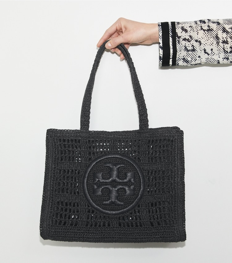 Tory Burch designer tote bags Large Ella Hand-Crocheted Tote in Black accessory on model