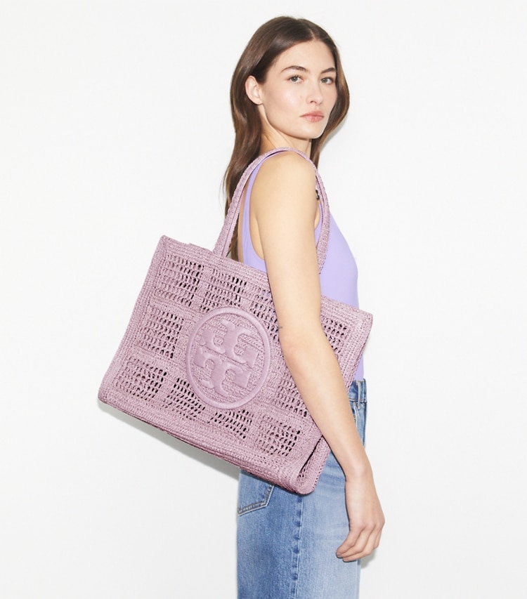 Tory Burch designer tote bags Large Ella Hand-Crocheted Tote in Pale Purple accessory on model