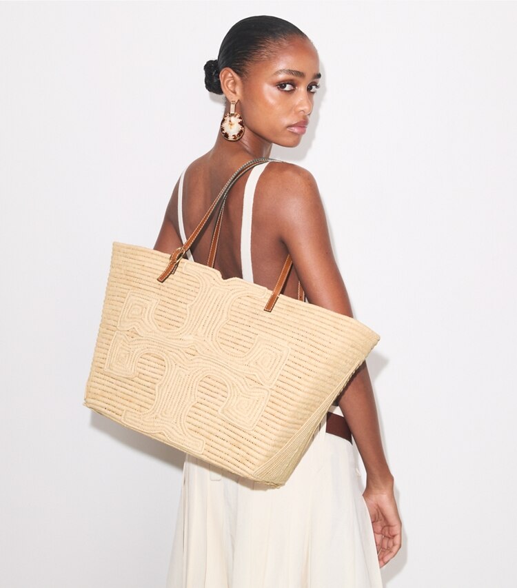 Tory Burch designer tote bags Large Ella Structured Raffia Tote in Natural accessory on model
