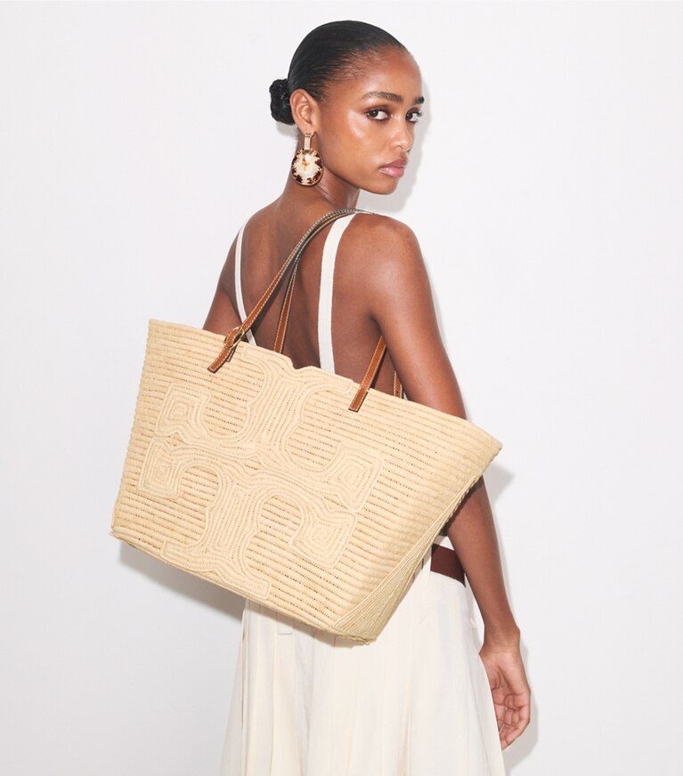 Tory Burch designer tote bags Large Ella Structured Raffia Tote in Natural accessory on model