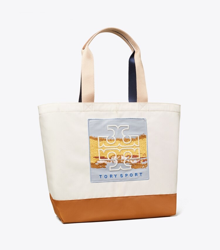 Tory Sport designer tote bags Large Everyday Patch Tote in Parchment / Multi Color angle
