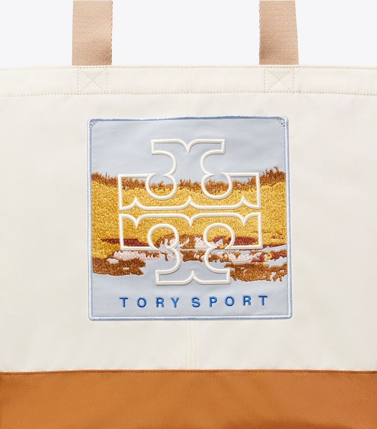 Tory Sport designer tote bags Large Everyday Patch Tote in Parchment / Multi Color angle