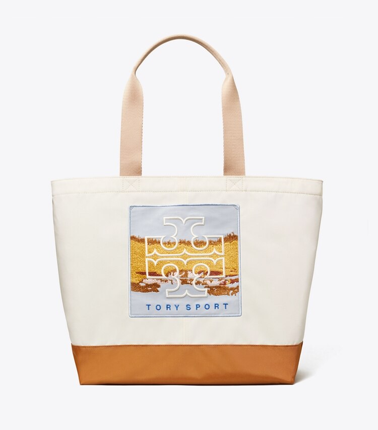 Tory Sport designer tote bags Large Everyday Patch Tote in Parchment / Multi Color front