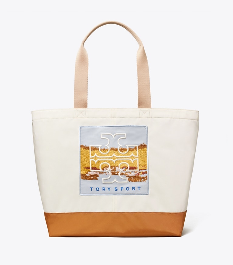 Tory Sport designer tote bags Large Everyday Patch Tote in Parchment / Multi Color angle