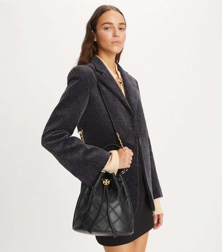 Tory Burch designer shoulder bags Large Fleming Soft Bucket Bag in Black accessory on model