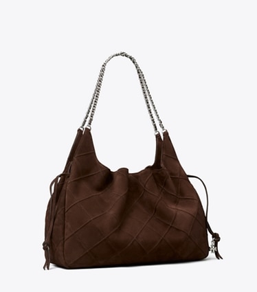 Tory Burch designer tote bags Large Fleming Suede Tote in Dark Cocoa angle