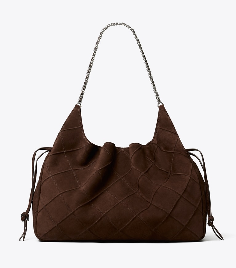 Tory Burch designer tote bags Large Fleming Suede Tote in Dark Cocoa back