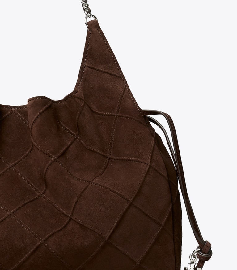 Tory Burch designer tote bags Large Fleming Suede Tote in Dark Cocoa detail