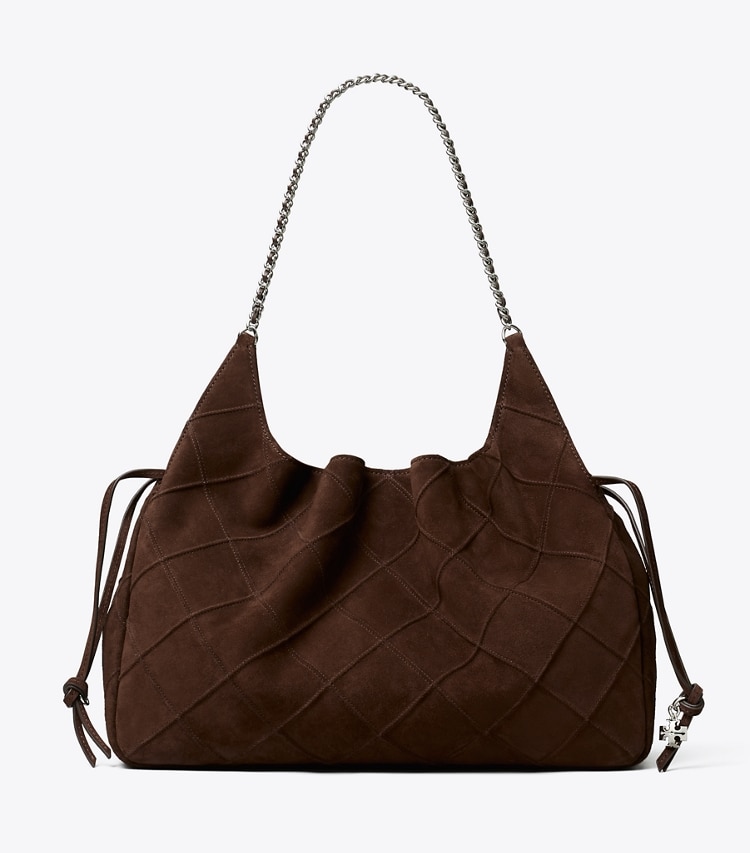 Tory Burch designer tote bags Large Fleming Suede Tote in Dark Cocoa front