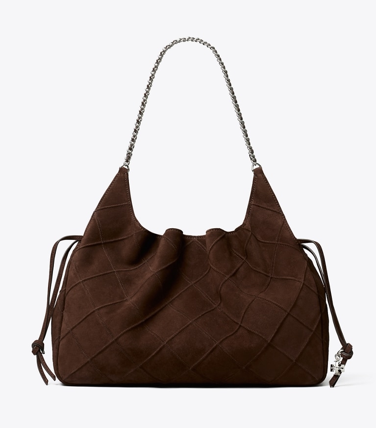 Tory Burch designer tote bags Large Fleming Suede Tote in Dark Cocoa front