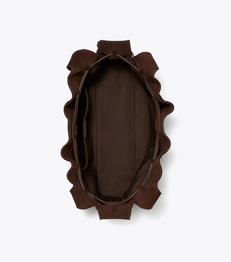 Tory Burch designer tote bags Large Fleming Suede Tote in Dark Cocoa overhead