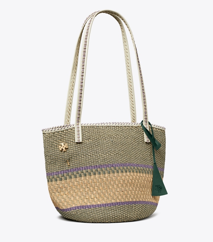 Tory Burch designer tote bags Large Handwoven Basket Tote in Light Green Multi angle