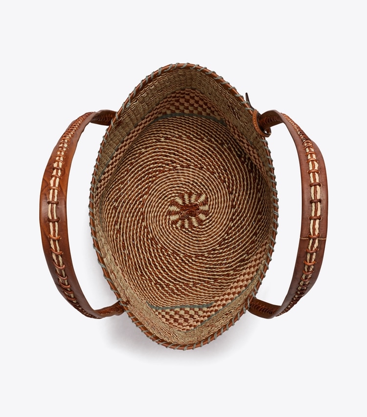 Tory Burch designer tote bags Large Handwoven Basket Tote in Cognac Multi overhead