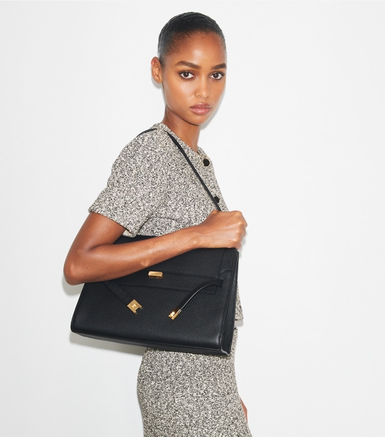 Tory Burch designer shoulder bags Large Lee Radziwill Shoulder Bag in Black accessory on model