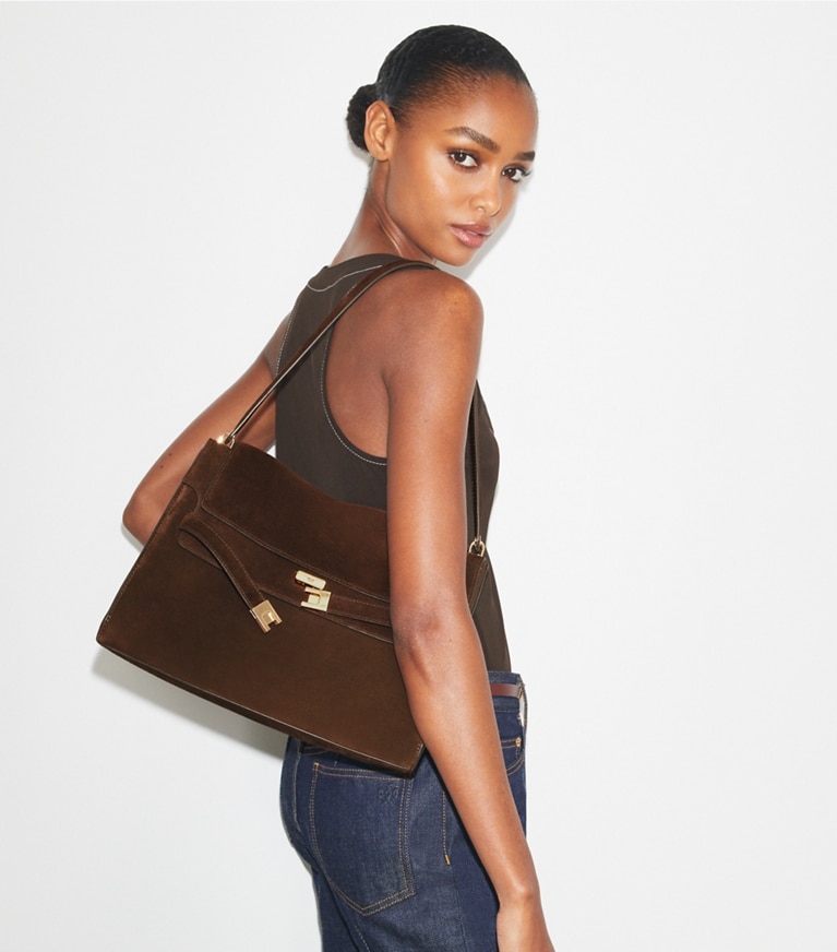 Tory Burch designer shoulder bags Large Lee Radziwill Suede Shoulder Bag in Dark Cocoa angle