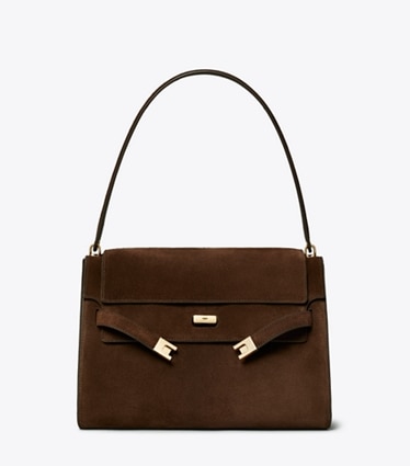Tory Burch designer shoulder bags Large Lee Radziwill Suede Shoulder Bag in Dark Cocoa front