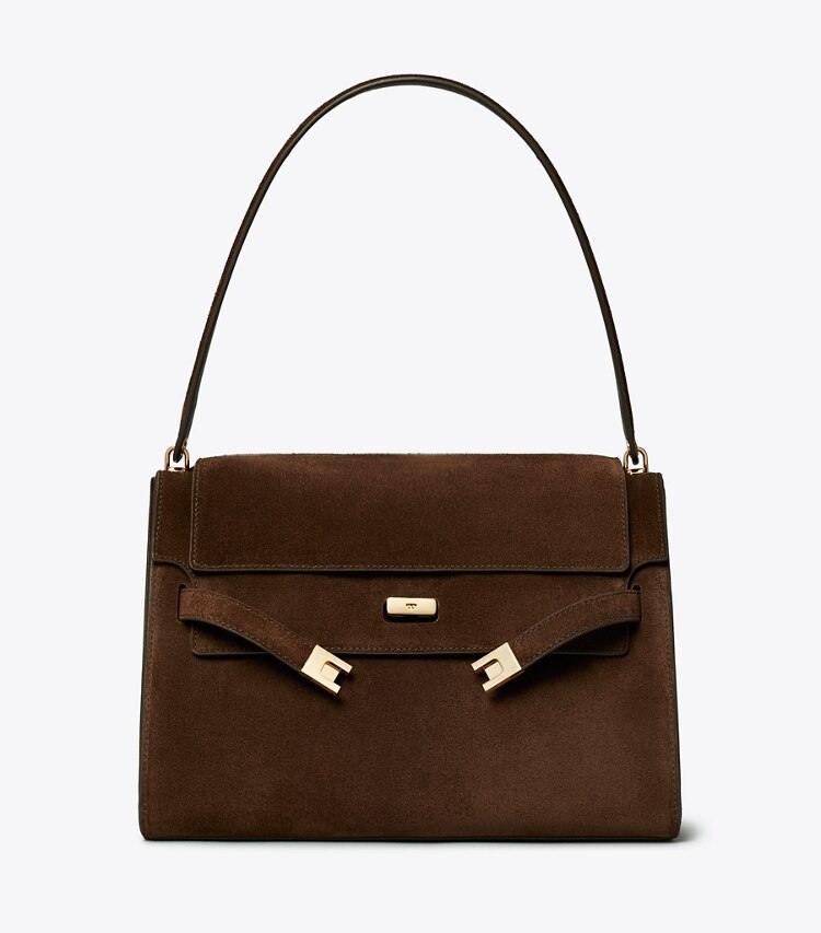 Tory Burch designer shoulder bags Large Lee Radziwill Suede Shoulder Bag in Dark Cocoa front