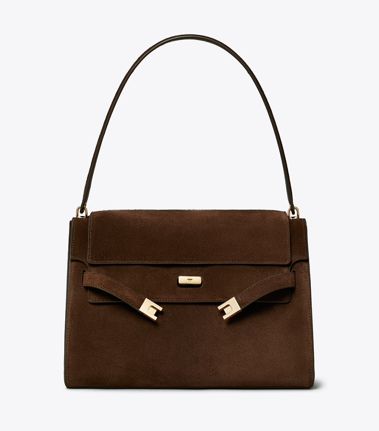 Tory Burch designer shoulder bags Large Lee Radziwill Suede Shoulder Bag in Dark Cocoa angle