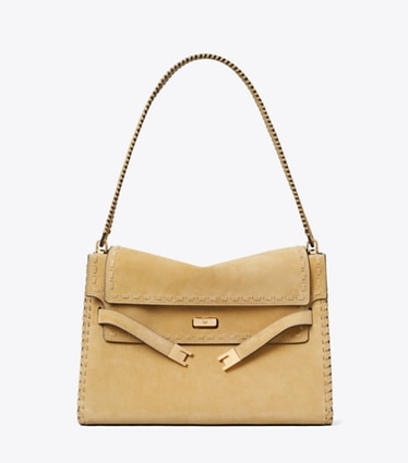 Tory Burch designer shoulder bags Large Lee Radziwill Suede Shoulder Bag in Butter front