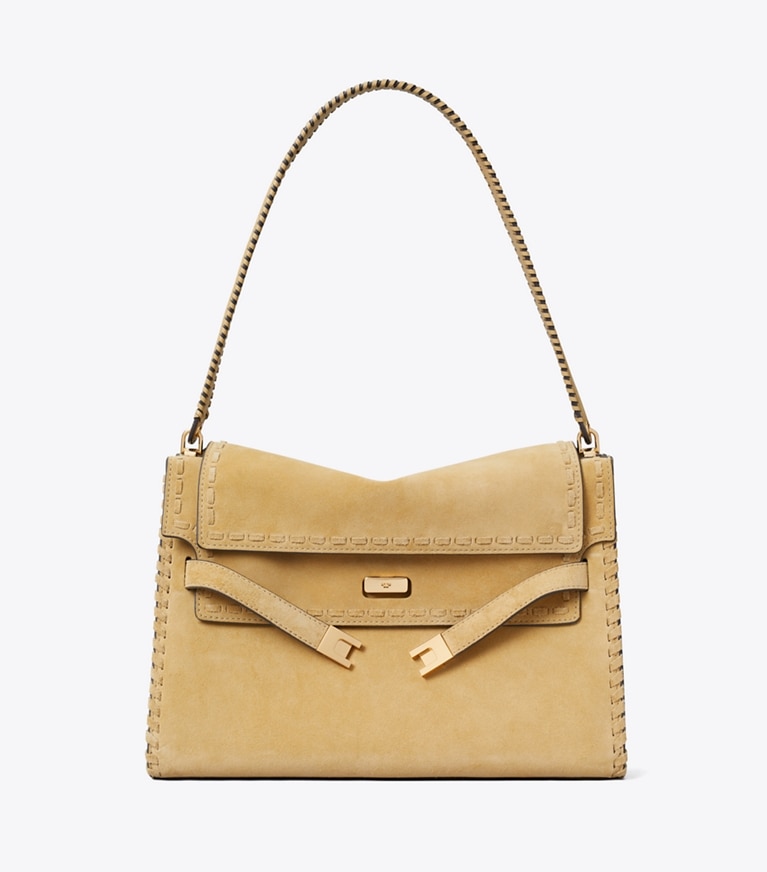 Tory Burch designer shoulder bags Large Lee Radziwill Suede Shoulder Bag in Butter front