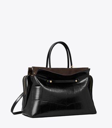 Tory Burch designer satchels Large Mercer Croc Embossed Satchel in Black angle