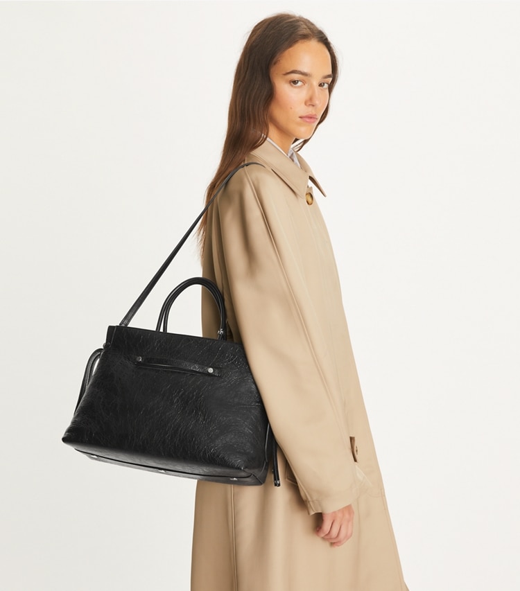 Tory Burch designer satchels Large Mercer Distressed Satchel in Black accessory on model