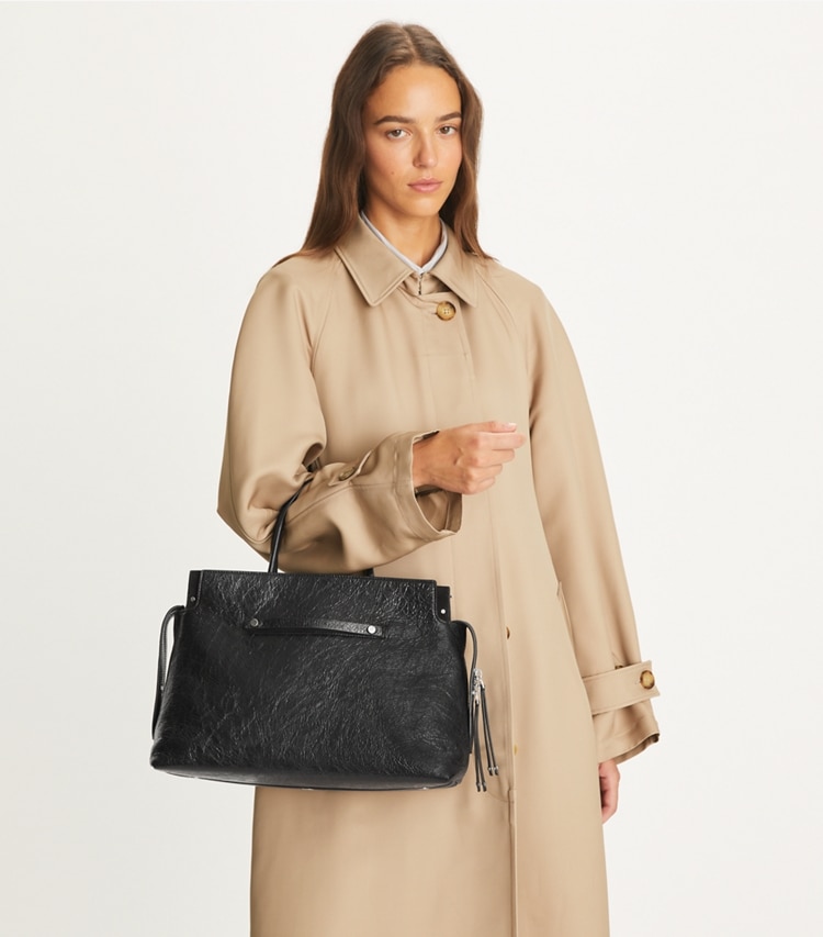 Tory Burch designer satchels Large Mercer Distressed Satchel in Black additional on model