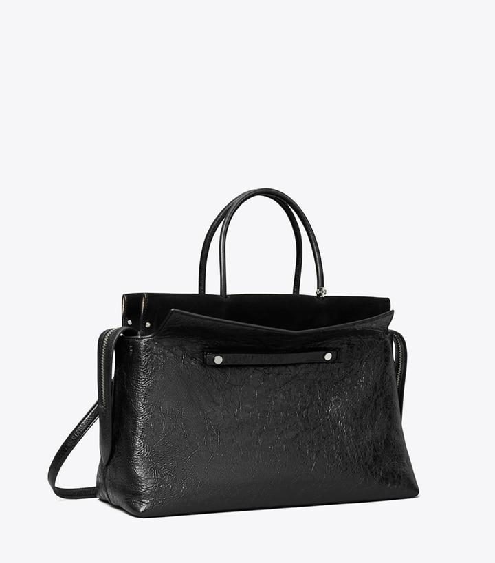 Tory Burch designer satchels Large Mercer Distressed Satchel in Black angle