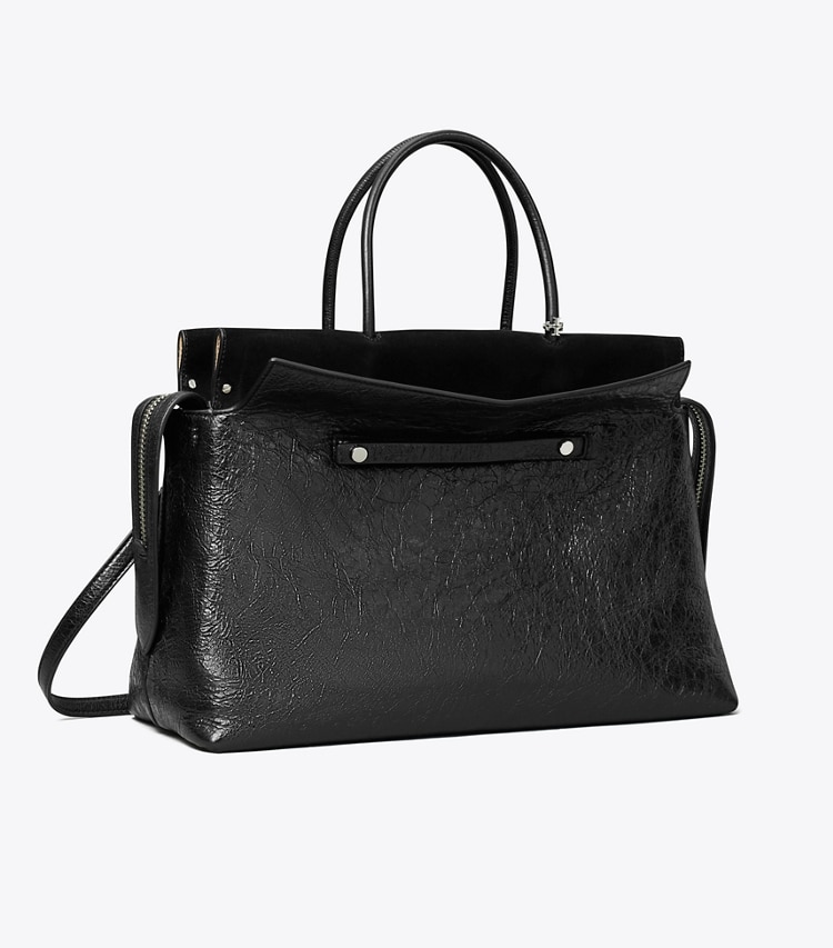 Tory Burch designer satchels Large Mercer Distressed Satchel in Black angle