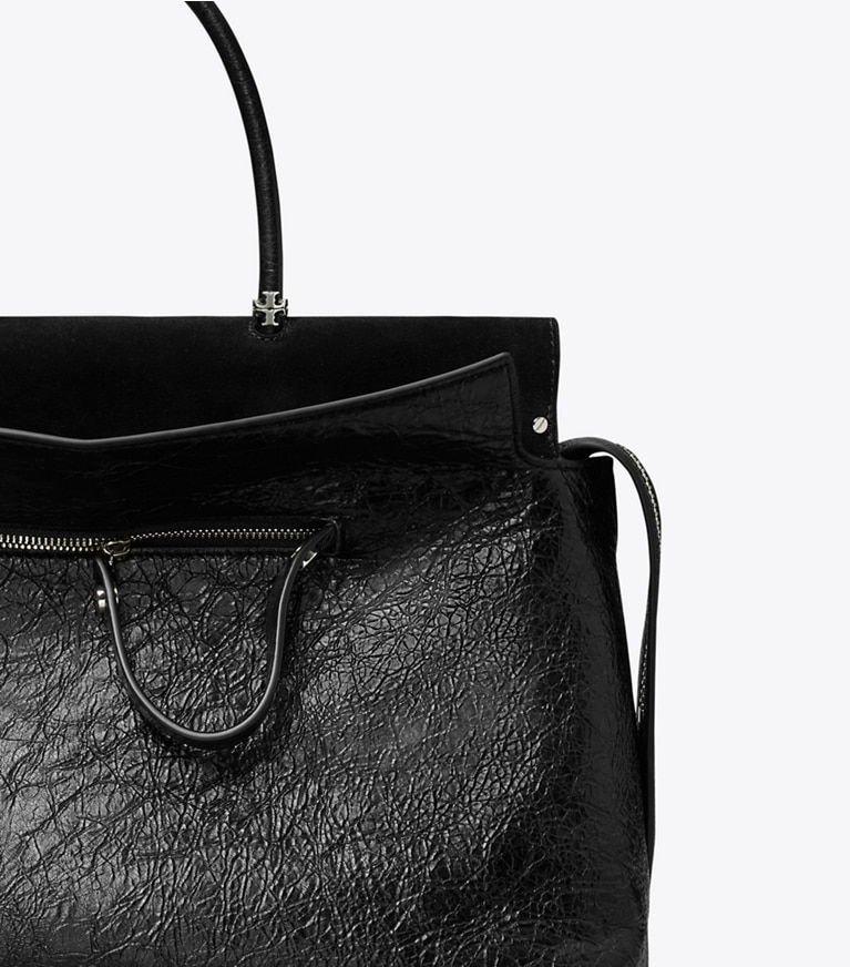 Tory Burch designer satchels Large Mercer Distressed Satchel in Black angle
