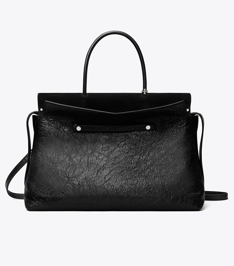 Tory Burch designer satchels Large Mercer Distressed Satchel in Black front