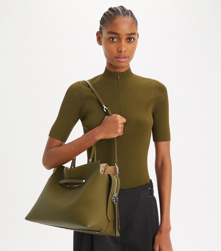 Tory Burch designer satchels Large Mercer Pebbled Satchel in Leccio accessory on model