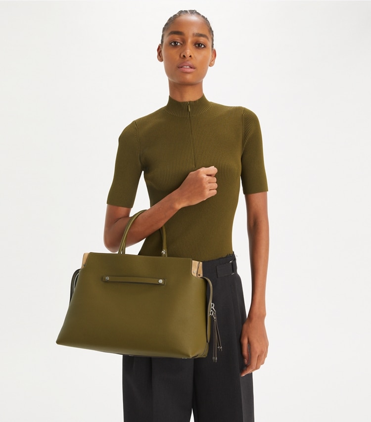 Tory Burch designer satchels Large Mercer Pebbled Satchel in Leccio additional on model