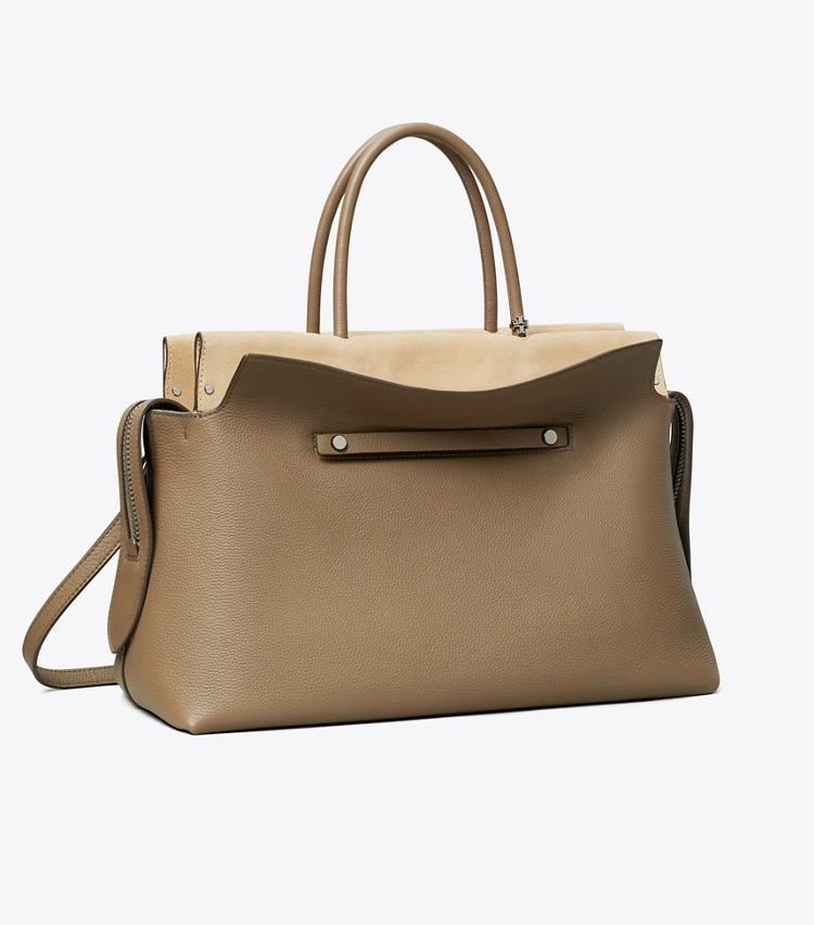 Tory Burch designer サッチェルバッグ マーサー ペブルド ラージサッチェルバッグ in Wild Mushroom angle