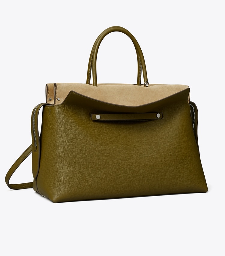 Tory Burch designer satchels Large Mercer Pebbled Satchel in Leccio angle